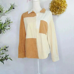 rue21 Women's Oversized Corduroy Tan /Cream Button Up Front Pocket Top Size M
